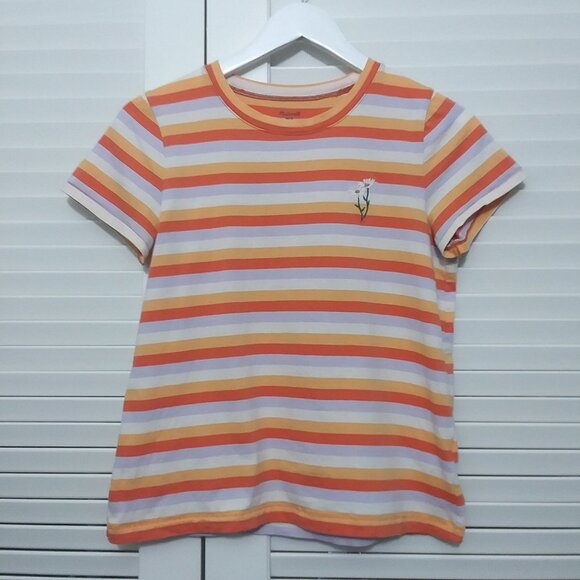 Madewell Tee Shirt Orange Stripe Embroidered Daisy Short Sleeve Womens Small - Picture 2 of 8